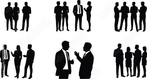 Flat vector silhouettes of business professionals in group discussion, teamwork collaboration corporate diversity concept professional communication workplace networking illustration