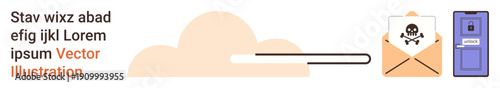 Online security, internet fraud, phishing, data breach, identity protection, cloud technology. Envelope with skull icon and a locked door illustration. Online security and internet fraud concept