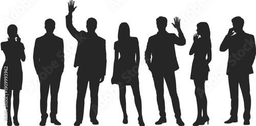 Flat vector silhouettes of diverse business professionals standing in row, teamwork collaboration corporate diversity concept professional communication workplace illustration icons