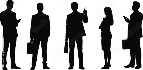 Flat vector silhouettes of diverse business professionals standing in row, teamwork collaboration corporate diversity concept professional communication workplace illustration