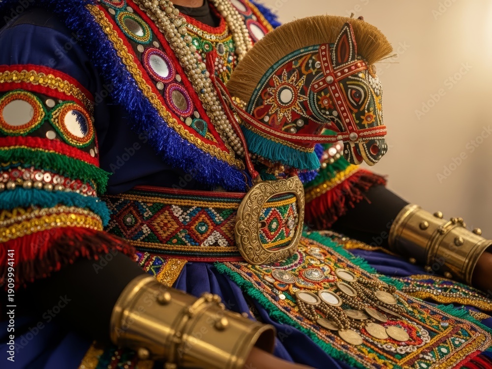 Obraz premium Close-up detail of traditional jaranan dance costume and accessories, showcasing Indonesian cultural craftsmanship and traditional performance attire