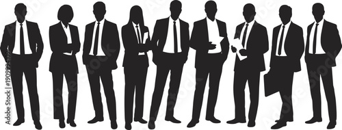 Flat vector silhouettes of diverse business professionals standing in row, teamwork collaboration corporate diversity concept professional workplace communication illustration icons