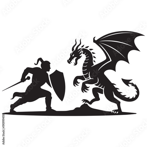 Epic battle between brave warrior and fierce dragon in stunning silhouette