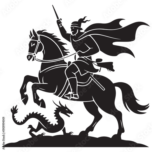 Knight on horseback battling dragon in epic medieval scene