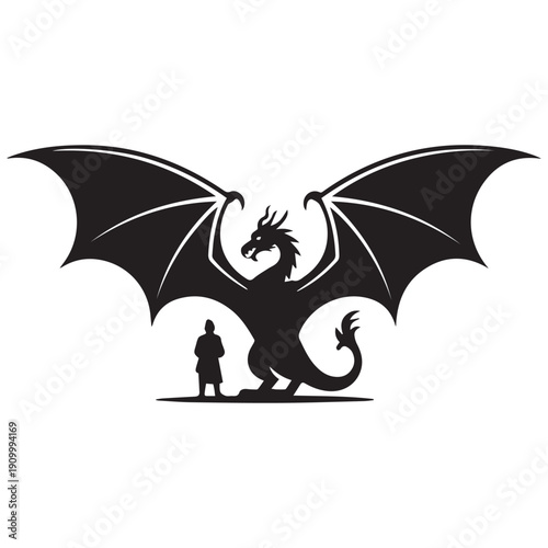 Man standing beside giant dragon with spread wings