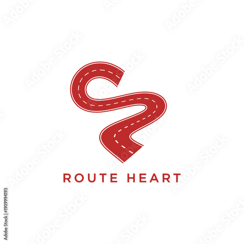 Winding road in heart shape icon for transportation or travel agency brand identity logo representing love for journey named Route Heart