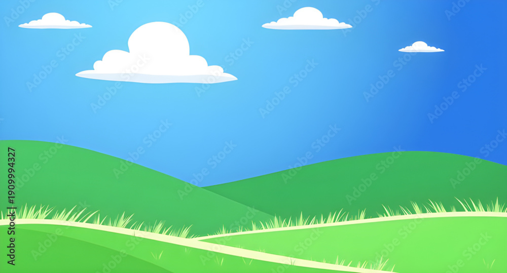 Obraz premium landscape, nature, grass, green, meadow, field, pasture, lawn, countryside, rural, outdoor, scenery, horizon, plains, farmland, sky, blue, clouds, cloudscape, daylight, sunshine, sunny, bright, fresh,