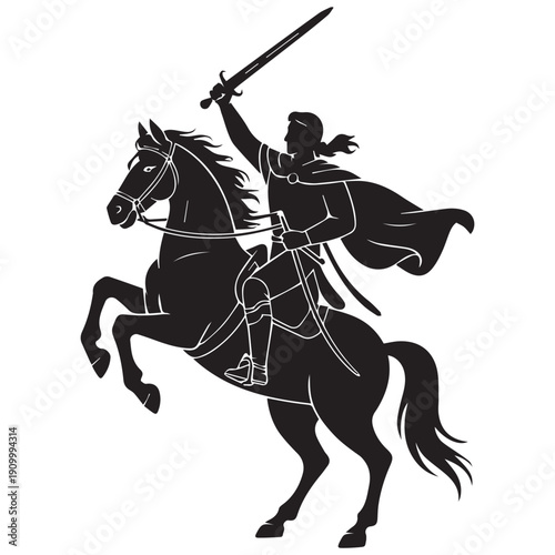 Warrior on horseback charging into battle with sword raised high