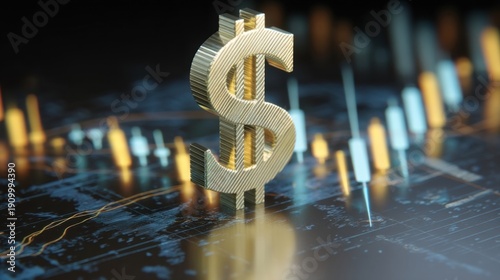 A golden dollar sign prominently displayed against digital financial charts with glowing blue circuit designs,