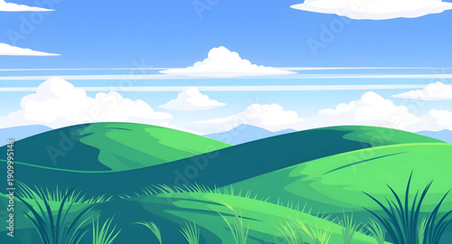 landscape, nature, grass, green, field, meadow, pasture, plain, countryside, rural, outdoor, scenery, horizon, farmland, sky, blue, clouds, cloudscape, daylight, sunshine, sunny, bright, fresh, calm, 