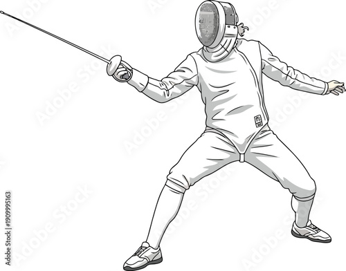 Fencing athlete in action holding foil sword in protective gear ready for combat sport vector