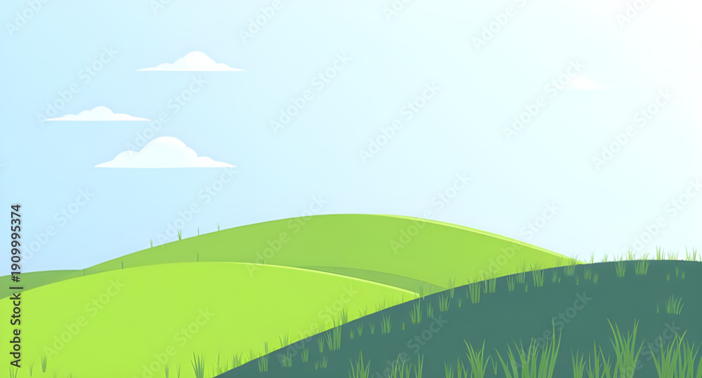Fototapeta premium meadow, grassland, field, green, pasture, lawn, nature, landscape, scenery, countryside, rural, outdoor, horizon, farmland, sky, bluesky, clouds, cloudscape, daylight, sunlight, sunny, bright, fresh, 