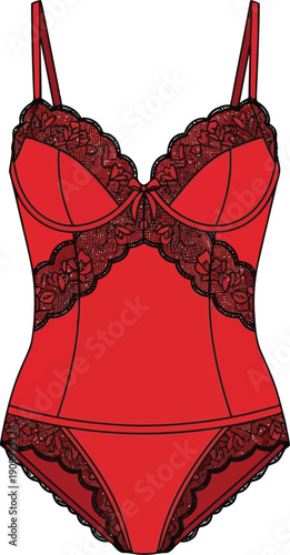 Elegant red lace trimmed bodysuit for women sexy lingerie fashionable nightwear vector