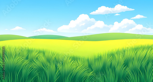 landscape, nature, grassland, meadow, field, green, pasture, lawn, countryside, rural, outdoor, scenery, horizon, plains, farmland, sky, bluesky, clouds, cloudscape, daylight, sunlight, sunny, bright,