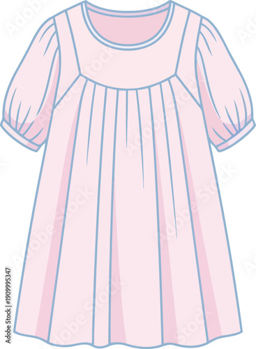 Fashion flat sketch pink baby girl dress puff sleeve smocked bodice easy sewing pattern template vector