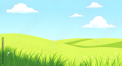 meadow, grassland, field, green, pasture, lawn, nature, landscape, scenery, countryside, rural, outdoor, horizon, farmland, sky, bluesky, clouds, cloudscape, daylight, sunlight, sunny, bright, fresh, 