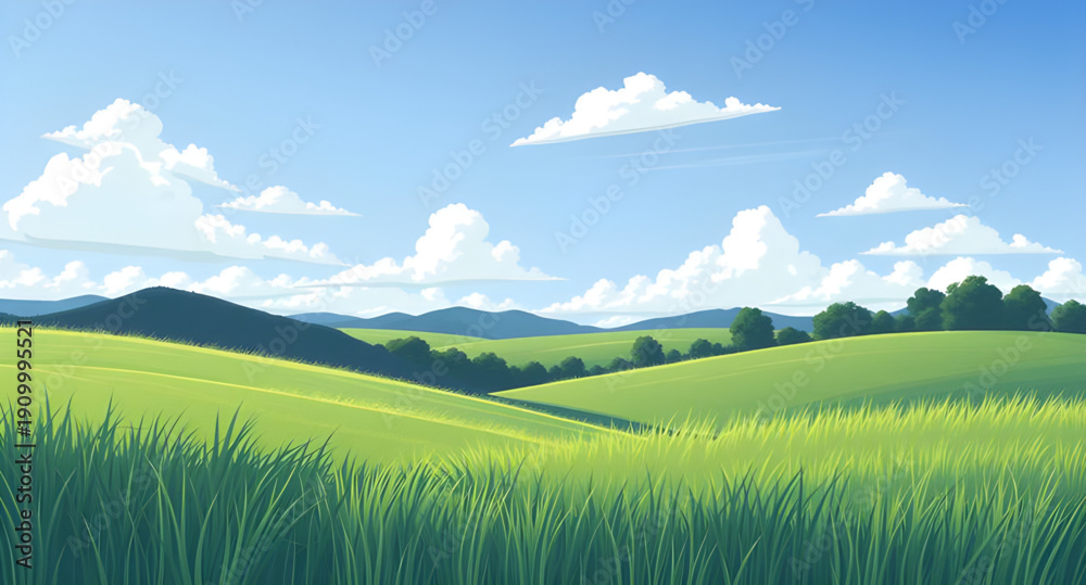 Obraz premium landscape, nature, grass, green, meadow, field, pasture, plain, countryside, rural, outdoor, scenery, horizon, farmland, sky, blue, clouds, cloudscape, daylight, sunshine, sunny, bright, fresh, calm, 