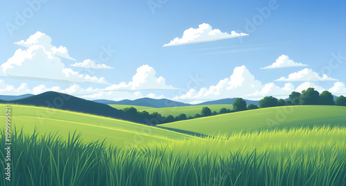 landscape, nature, grass, green, meadow, field, pasture, plain, countryside, rural, outdoor, scenery, horizon, farmland, sky, blue, clouds, cloudscape, daylight, sunshine, sunny, bright, fresh, calm, 