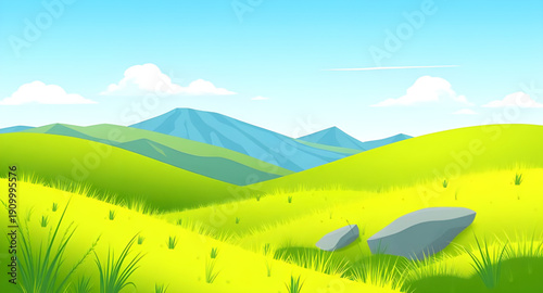 cartoon, landscape, land, grass, green, meadow, field, pasture, countryside, rural, outdoor, scenery, horizon, farmland, nature, environment, spring, summer, daylight, sunny, bright, cheerful, happy, 