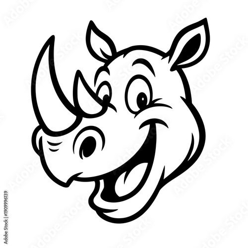 Grumpy Cartoon Rhino Head with Large Front Horn and Squinting Eyes Black Vector Design