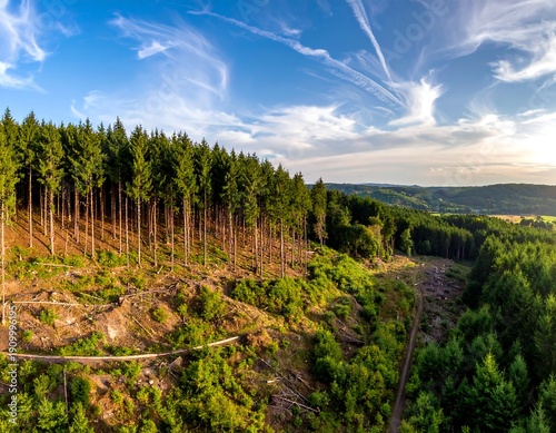 Lush evergreen forest meets cleared land under a bright blue sky with wispy clouds