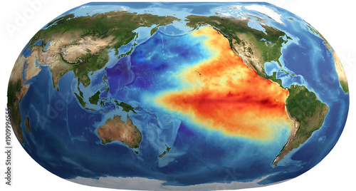 Global Map showing El Nino Warming Pattern in the Pacific Ocean. Sea Surface Temperature Heat Map Visualization for Climate Change and Global Warming Studies.