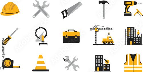 Construction tools and building equipment flat vector icon set with helmet, crane, drill and safety gear illustration