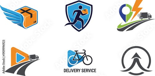 Delivery service logo collection with courier shield, winged parcel, fast transport, bicycle delivery and logistics branding vector illustration