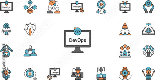 DevOps and software development workflow icon set with automation tools, IT operations, continuous integration, team collaboration, and cloud deployment vector illustration