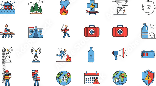 Disaster management and emergency response flat line icon set with evacuation, wildfire, rescue kit and alert systems vector illustration