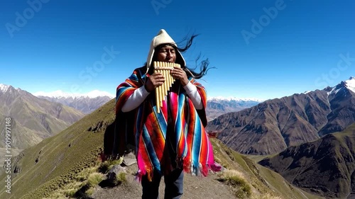 Andean Musician Playing Pan Flute on Mountain Ridge with Scenic Landscape.