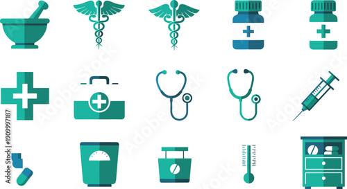 Healthcare and medical equipment icon set with stethoscope, syringe, medicine bottle, pharmacy, first aid kit, hospital tools, and clinical care vector collection