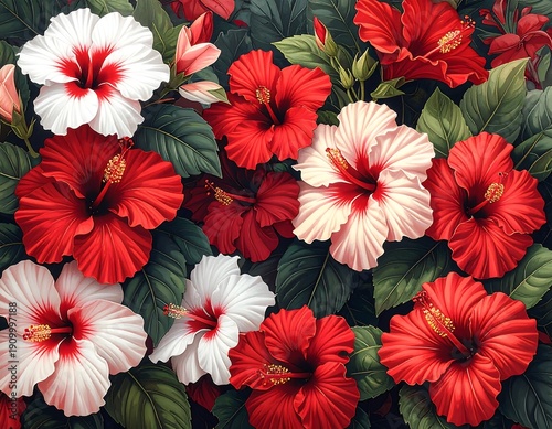 Lush floral arrangement showcasing vibrant red and white hibiscus blooms, surrounded by dense green leaves