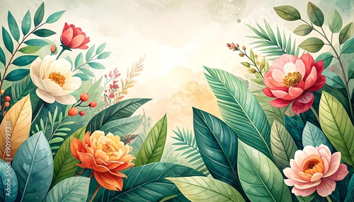 Lush floral arrangement with vibrant blossoms and verdant foliage. Soft background and watercolor style