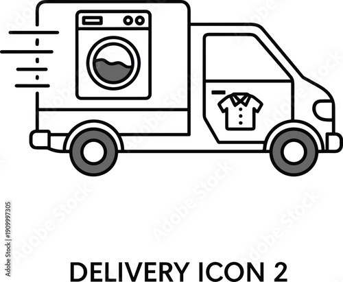 Laundry delivery service line icon with washing machine truck, doorstep clothing pickup and express dry cleaning transport vector illustration