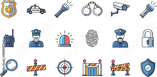 Law enforcement and security flat line icon set with police officers, surveillance, fingerprint identification and protection symbols vector illustration
