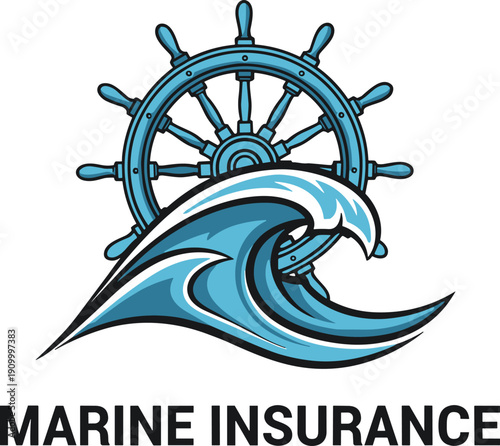 Marine insurance logo design with ship wheel and ocean wave concept for maritime protection business vector illustration