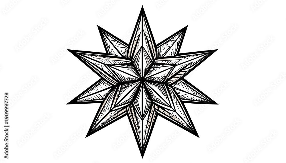 Obraz premium Intricate eight-pointed star illustration with detailed shading and sharp edges, centered on white