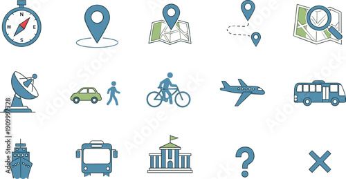 Travel and navigation icon set with location map pins, transportation vehicles, compass direction, tourism routes, and global journey vector illustration