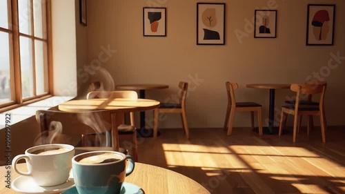 Wallpaper Mural Warm Cafe Interior with Steaming Coffee Cups and Sunlight Torontodigital.ca