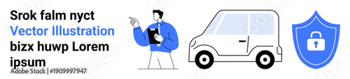 Vehicle safety, insurance, security systems, transportation, data protection, compliance. Person holding clipboard, car and shield icon with lock. Vehicle safety and insurance concept
