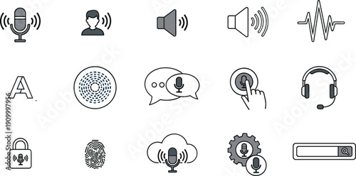 Voice recognition and audio technology line icon set with microphone, sound waves, speech interface and biometric authentication vector illustration