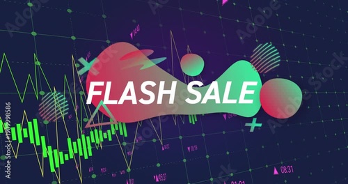 Incoming blob entering from left revealing FLASH SALE while grid charts pulsing, showing urgency