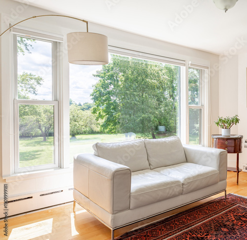 Bright modern living room with large picture windows and white sofa, sunlit interior overlooking green backyard landscape