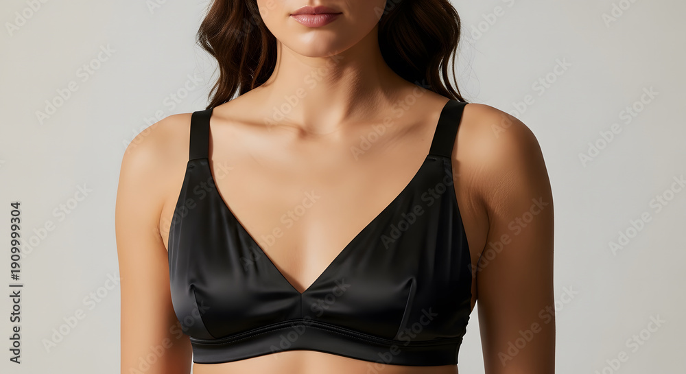 Fototapeta premium Close-up of woman wearing elegant black satin wireless bralette