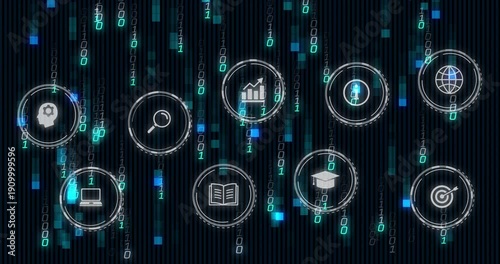 Cyan squares sliding down binary rain causing HUD icons moving inward forming ordered data grid