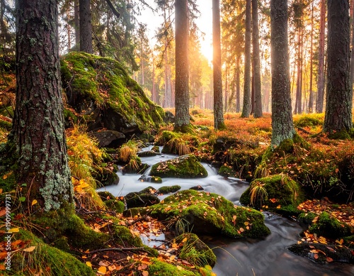 Lush forest scene. A stream flows through a mossy landscape. Sunlight filters through the trees