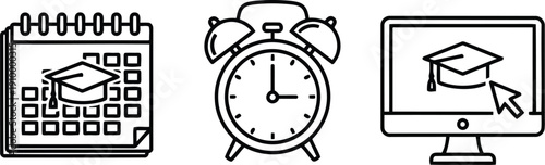 Education icons calendar clock computer graduation cap online learning study schedule time management planning vector