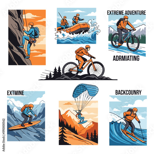 Extreme Sports Collage: Mountain Biking, Rafting, Climbing, Skiing, Paragliding, Surfing