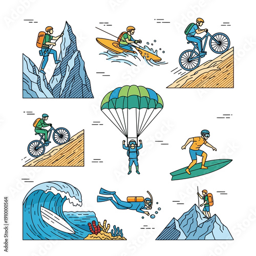 Extreme Sports Collage: Mountain Climbing, Kayaking, Biking, Surfing, Parachuting, Diving